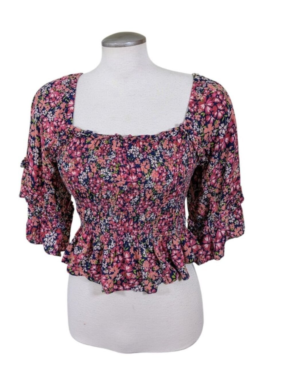 Patrons of Peace Smocked Peplum Top Womens Medium Pink Floral Boho Coquette